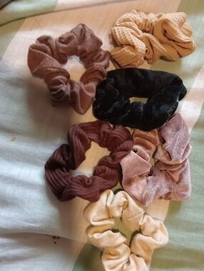 Velvet and Knit Scrunchie Set - Neutral Browns, Black, and Cream